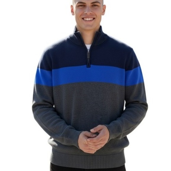 Eddie Bauer USA Mens Sweater TL Quarter Zip Color Block Pullover Blue Stripe - Picture 1 of 7